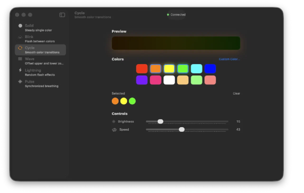 QuadcastRGB2S showing Cycle lighting mode, a color palette, and brightness and speed controls