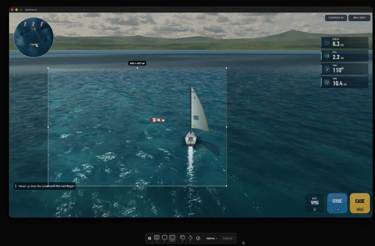 Shotglass’s area-selection overlay and capture toolbar over a sailing simulator