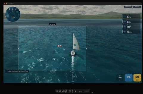 Shotglass’s area-selection overlay and capture toolbar over a sailing simulator